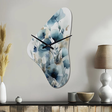 Blue Leaf Foliage And Flowers I - Asymmetric Metal Wall Clock